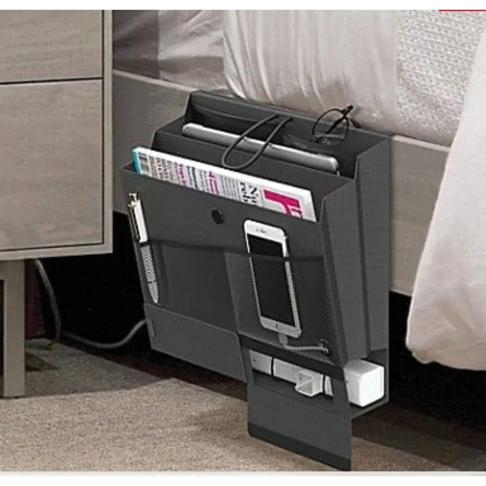 Grey Bedside Caddy Organizer Mattress Flap Hanging Power Strip Charging Pouch